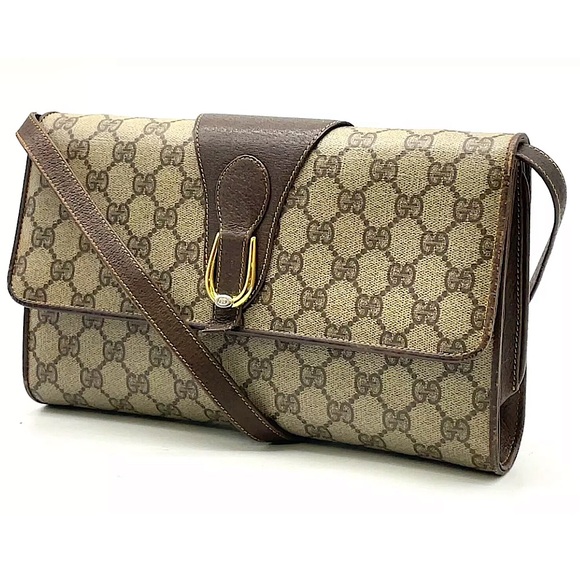 GUCCI GG Supreme Horse Bit Brown Clutch & Crossbody Bag Two Tone Hardware EUC - Picture 3 of 16